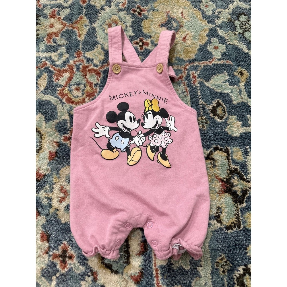 Disney Mickey Minnie Romper Kids 3/6M Pink Graphic Button Strap GUC